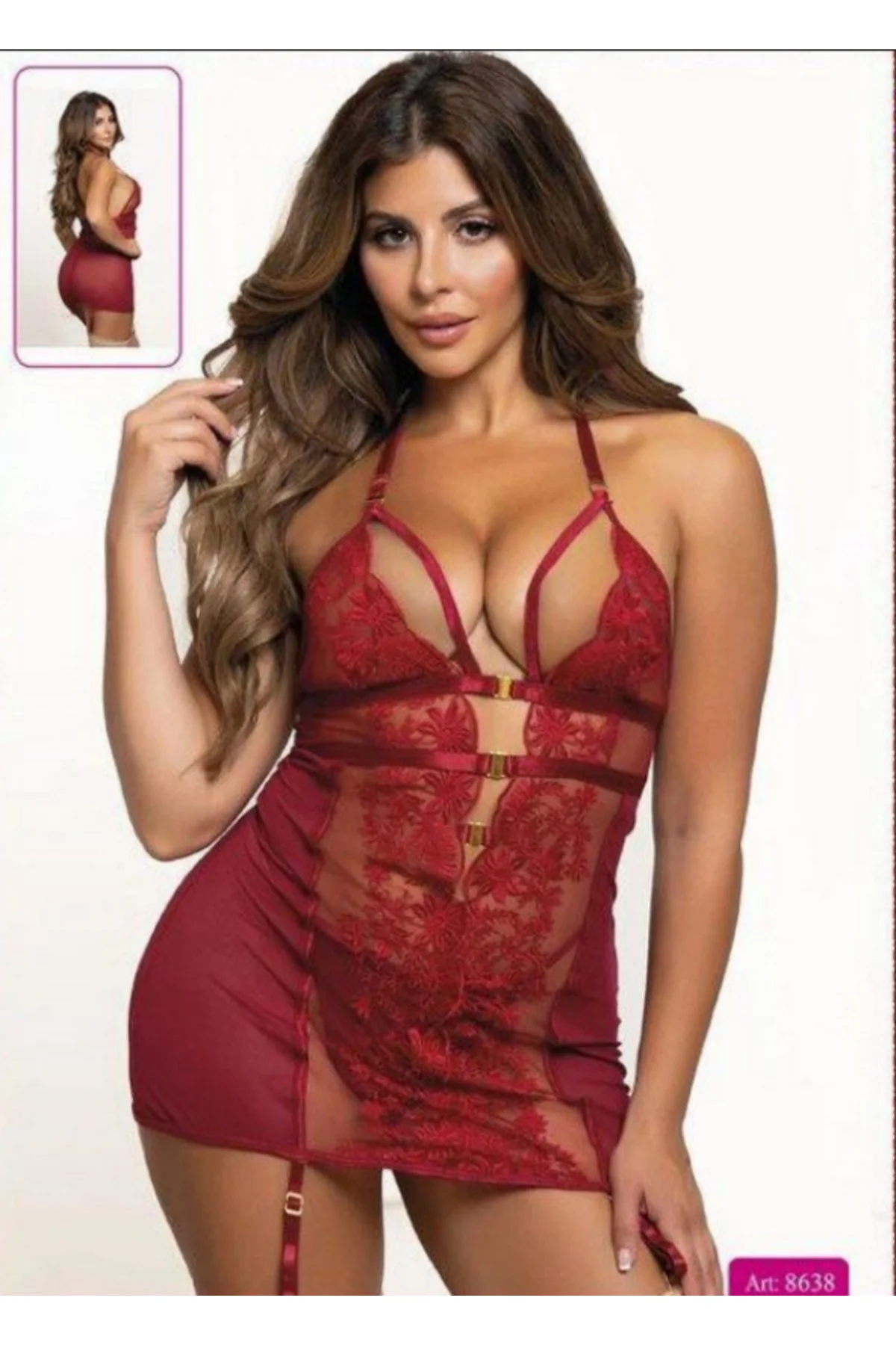 MissAyza Göğüs Pencereli ve Altın Toka Detaylı Bordo Fantazi Gecelik