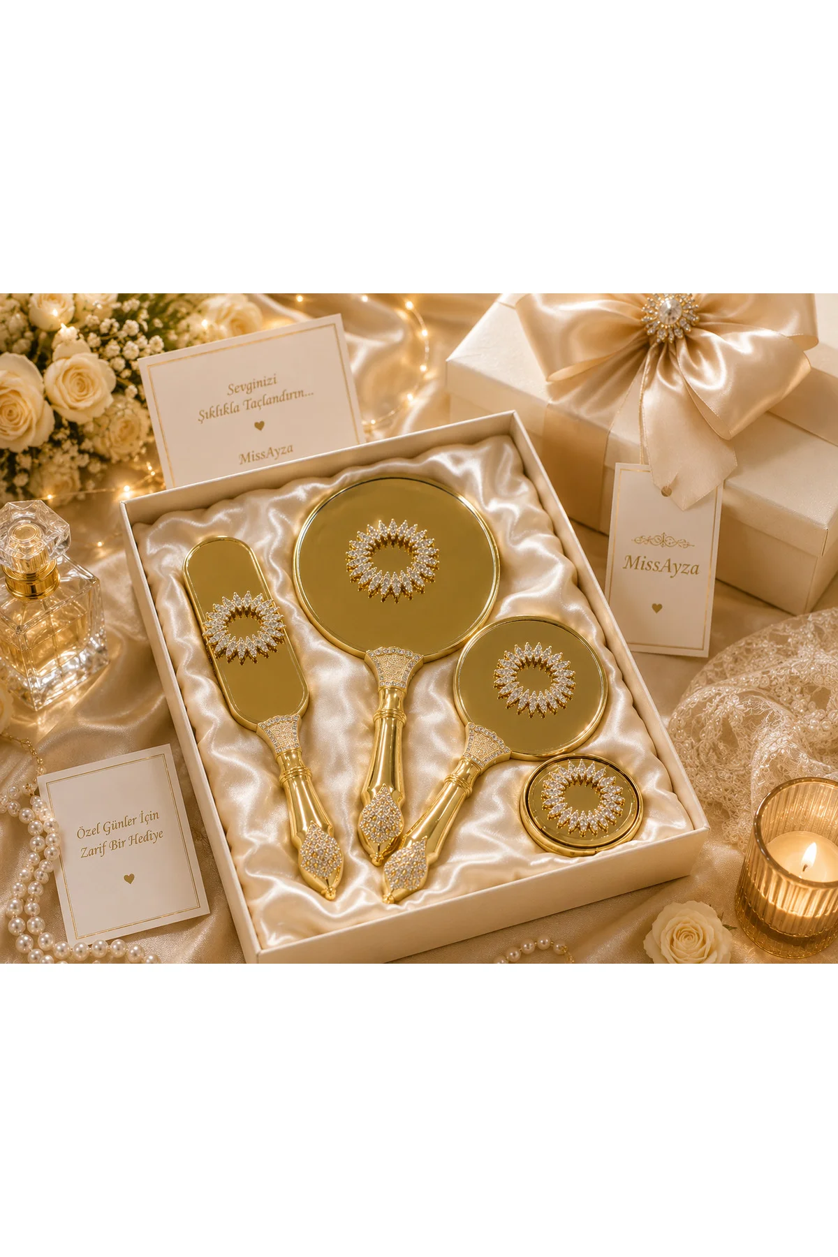 MissAyza Gold Kristal Taşlı Gelin Hazırlık Seti El Aynası Saç Fır MissAyza Gold Kristal Taşlı Gelin Hazırlık Seti El Aynası Saç Fır