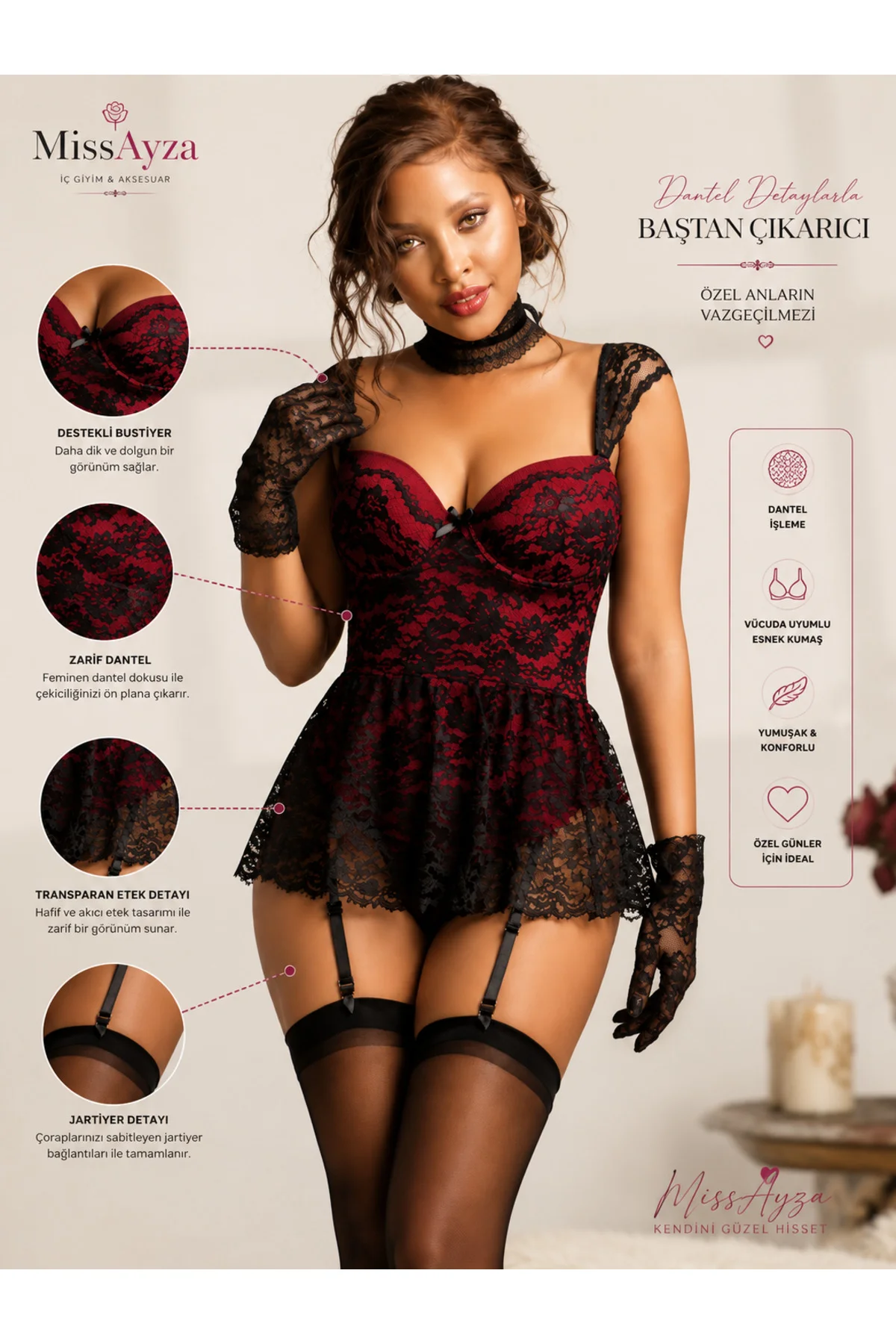 MissAyza Kadın Kırmızı Siyah Dantel Babydoll Gecelik Jartiyer Detaylı Fantazi İç Giyim Takımı MissAyza Kadın Kırmızı Siyah Dantel Babydoll Gecelik Jartiyer Detaylı Fantazi İç Giyim Takımı