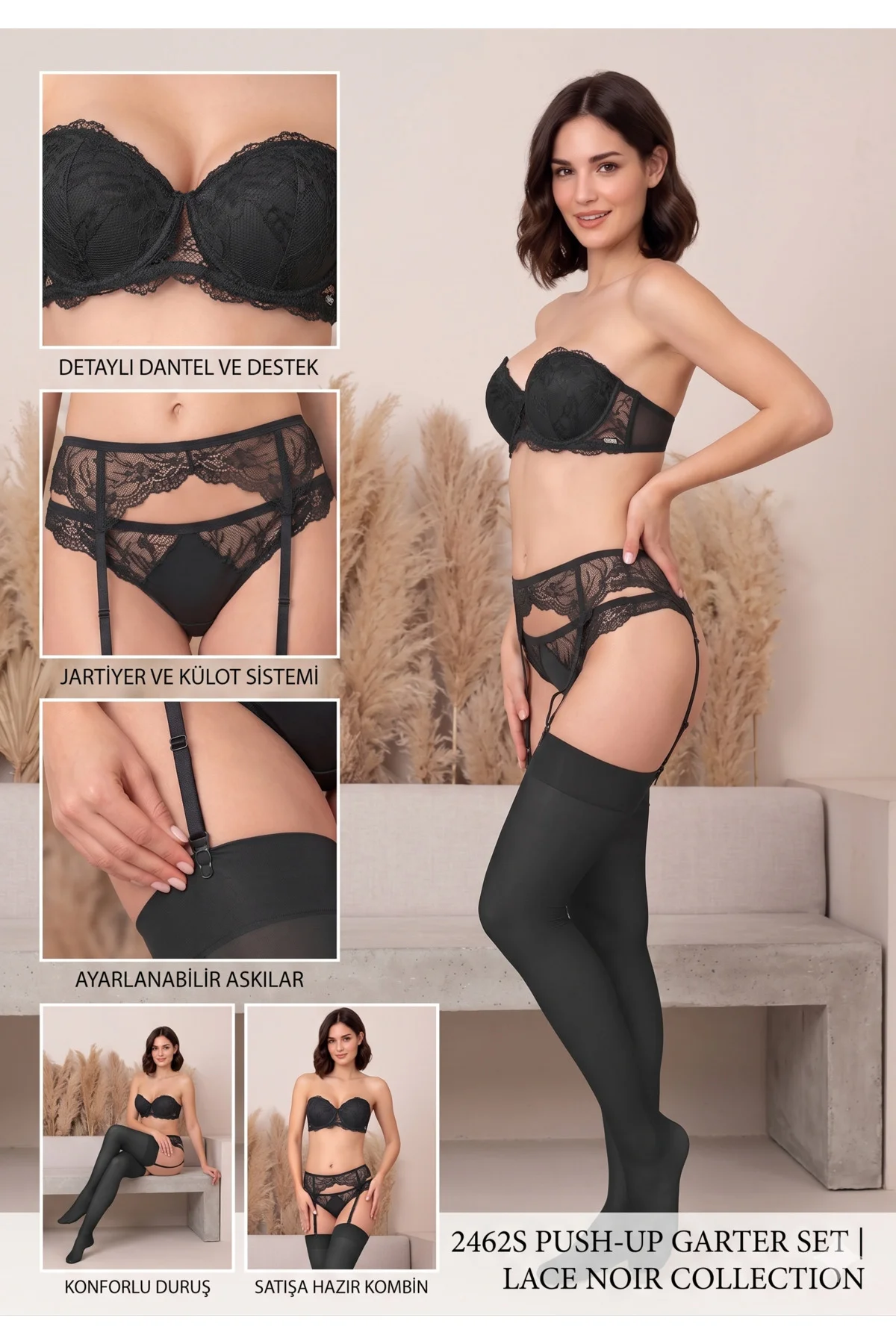 MissAyza Kadın Premium Dantelli Jartiyer Takımı - Destekli Push Up Sütyen, Şık Sırt Detaylı Çeyizlik Hediyelik Set