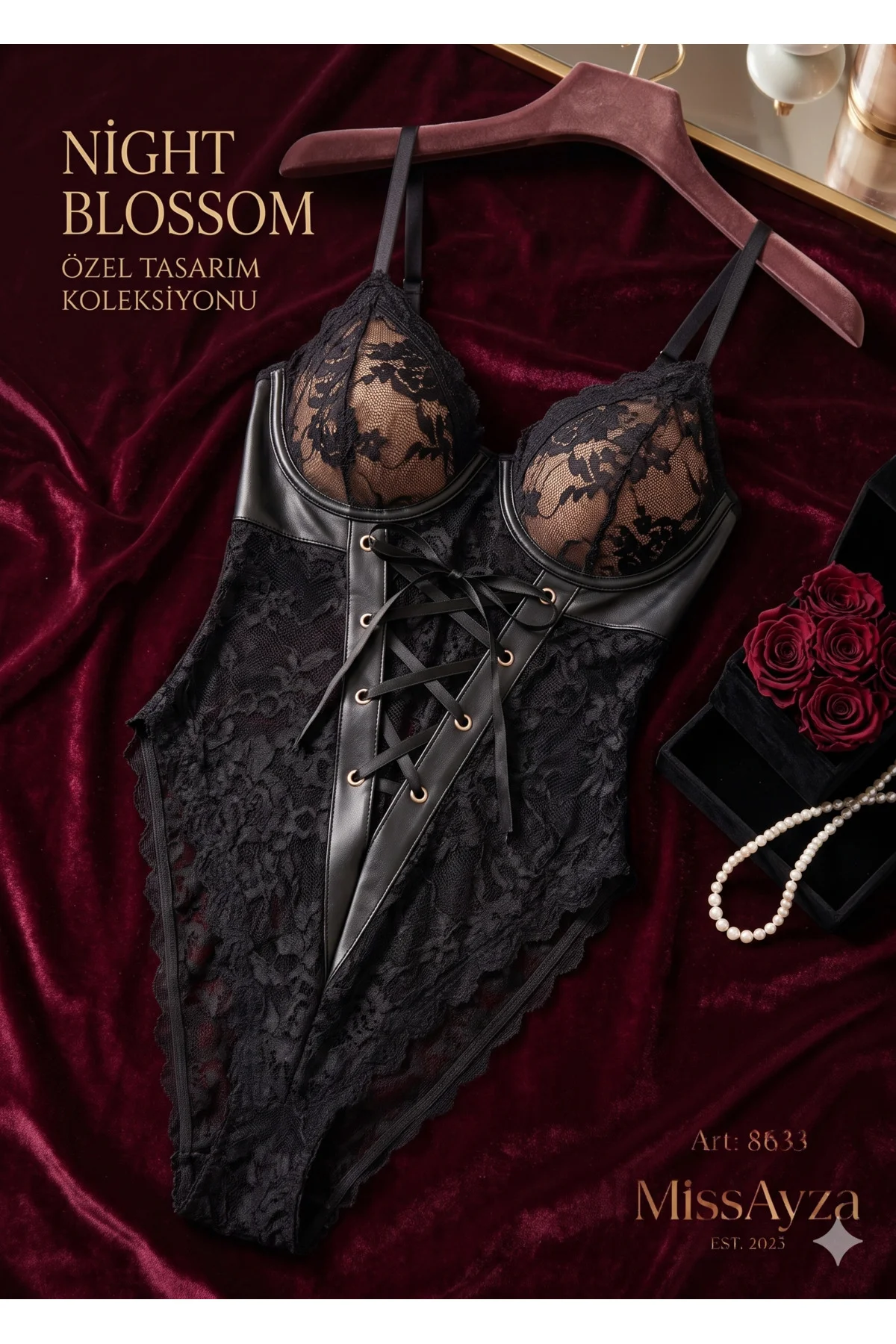 MissAyza Lüks Çiçekli Dantel ve Deri Garnili Korse Görünümlü Sexy Bodysuit Fiyatı, Yorumları ve Özellikleri