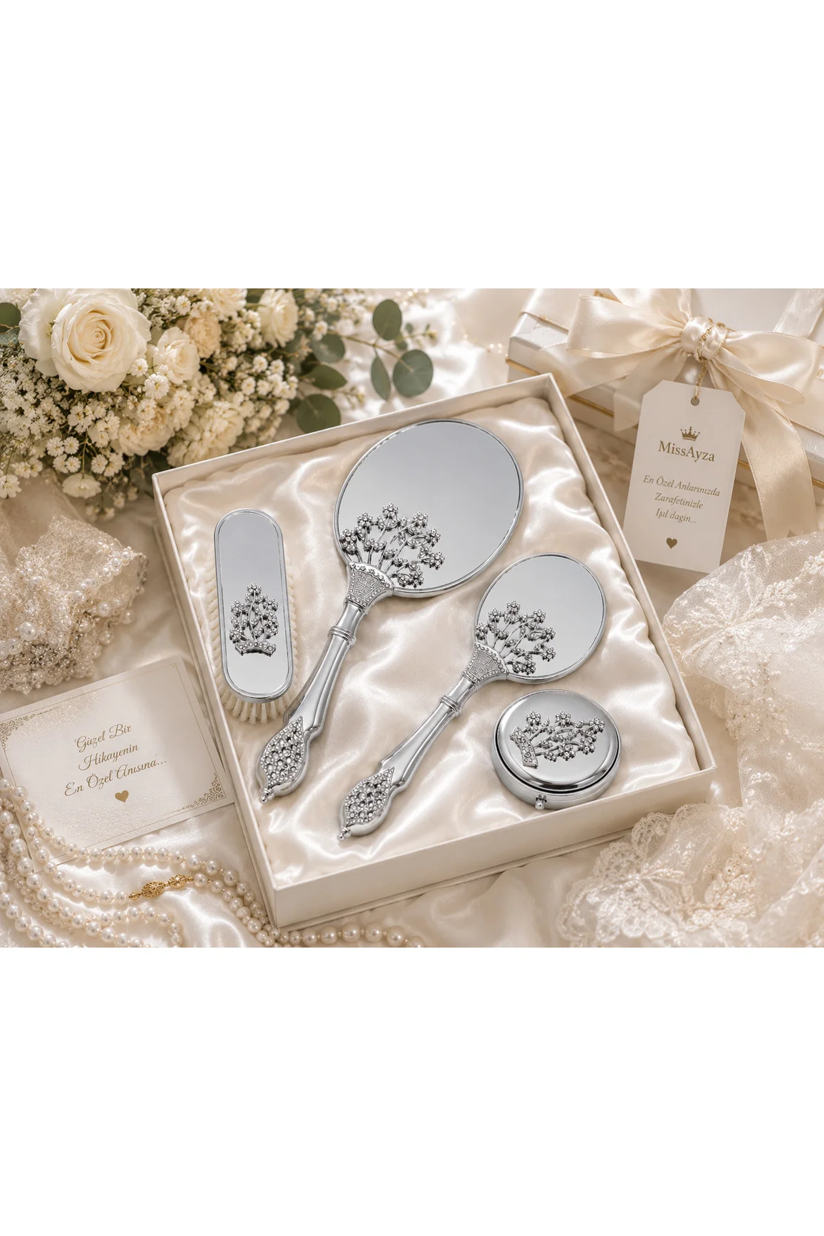 MissAyza Silver Luxury Gelin Seti Taş Detaylı Ayna Tarak Fırça Ta MissAyza Silver Luxury Gelin Seti Taş Detaylı Ayna Tarak Fırça Ta