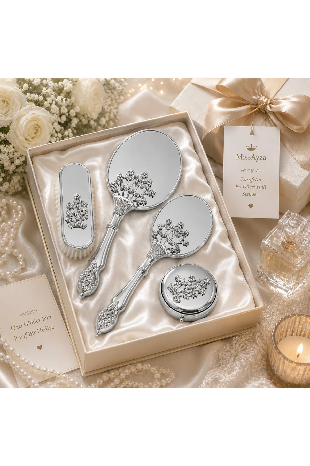 MissAyza Silver Luxury Gelin Seti Taş Detaylı Ayna Tarak Fırça Ta MissAyza Silver Luxury Gelin Seti Taş Detaylı Ayna Tarak Fırça Ta