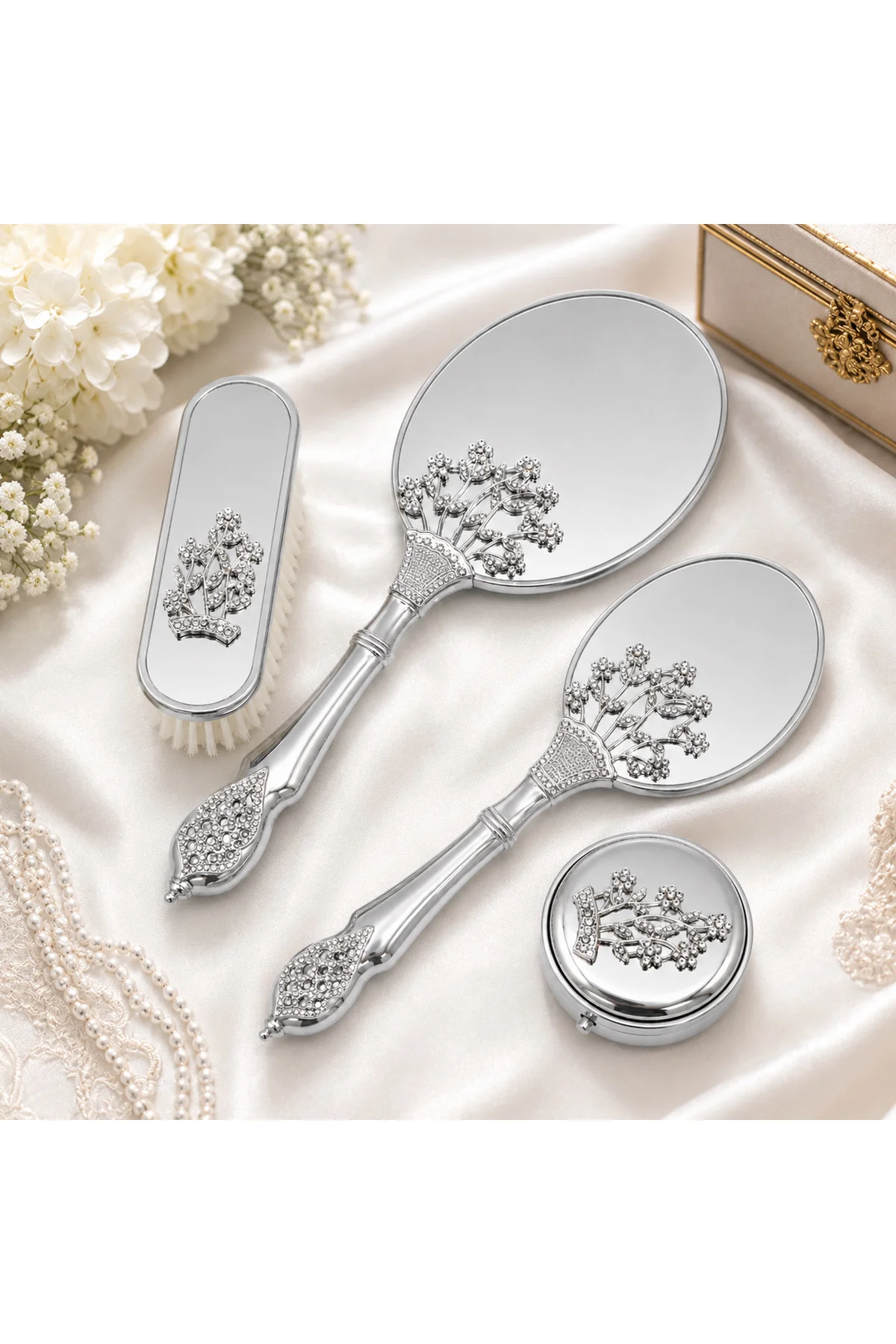 MissAyza Silver Luxury Gelin Seti Taş Detaylı Ayna Tarak Fırça Ta MissAyza Silver Luxury Gelin Seti Taş Detaylı Ayna Tarak Fırça Ta