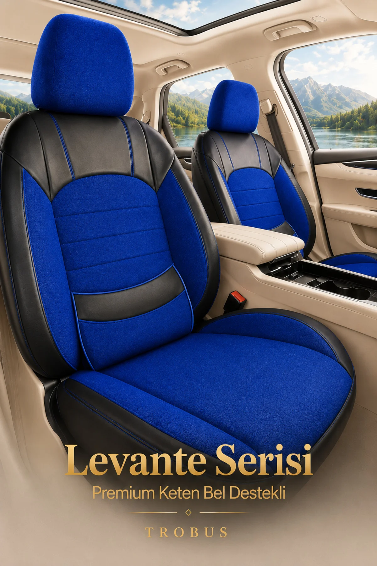 Mitsubishi L200 2011-2015 Uyumlu Levante Serisi Bel Destekli Keten Mavi Siyah Koltuk Kılıfı