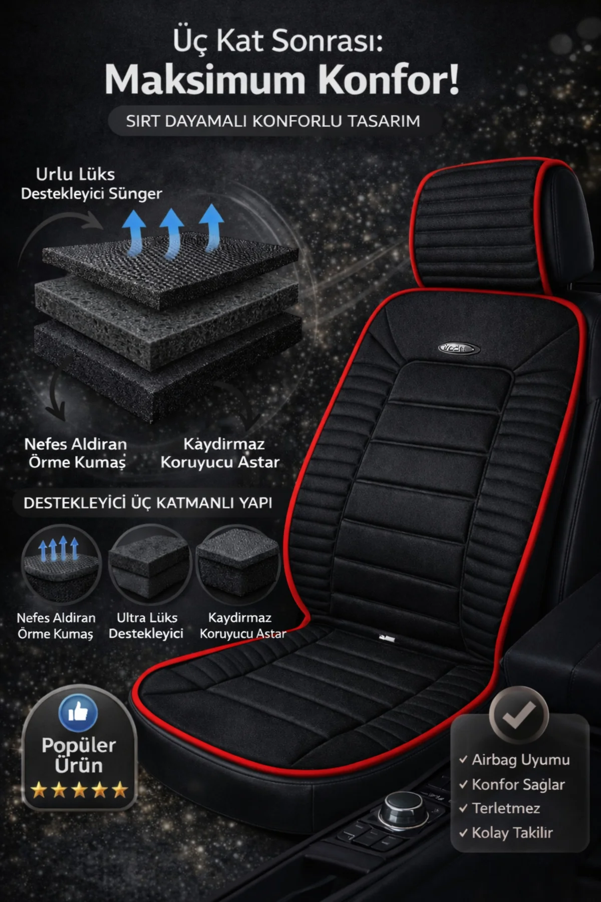 Mitsubishi SPACE STAR 2013-2018 Uyumlu Vento 2 Parça Ön Oto Koltuk Minderi Terletmez Siyah - Kırmızı Fiyatı, Yorumları ve Özellikleri