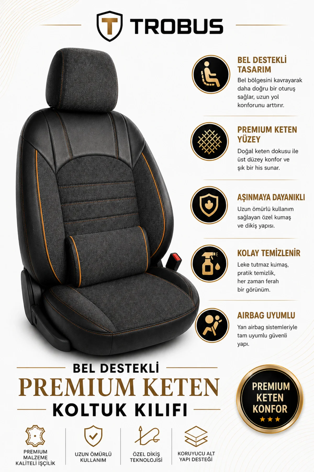 Mitsubishi Space Star 2013-2018 Uyumlu Levante Serisi Bel Destekli Keten Füme Turuncu Koltuk Kılıfı