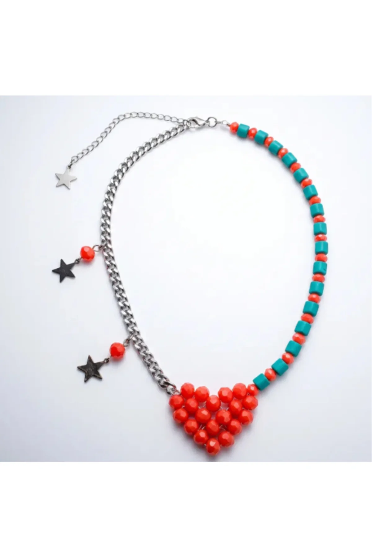 MK Design Jewelry Turquaz ve Mercan Rengi Kalpli Kolye