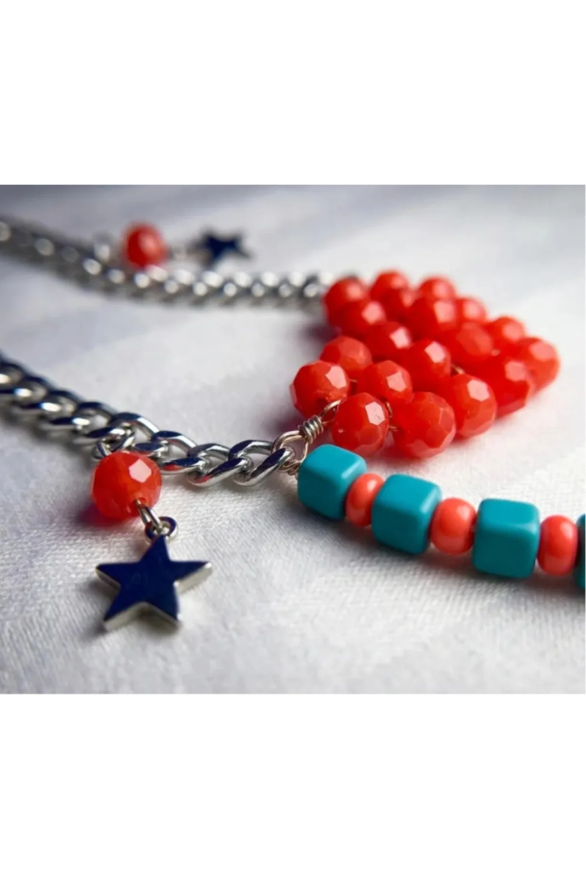 MK Design Jewelry Turquaz ve Mercan Rengi Kalpli Kolye