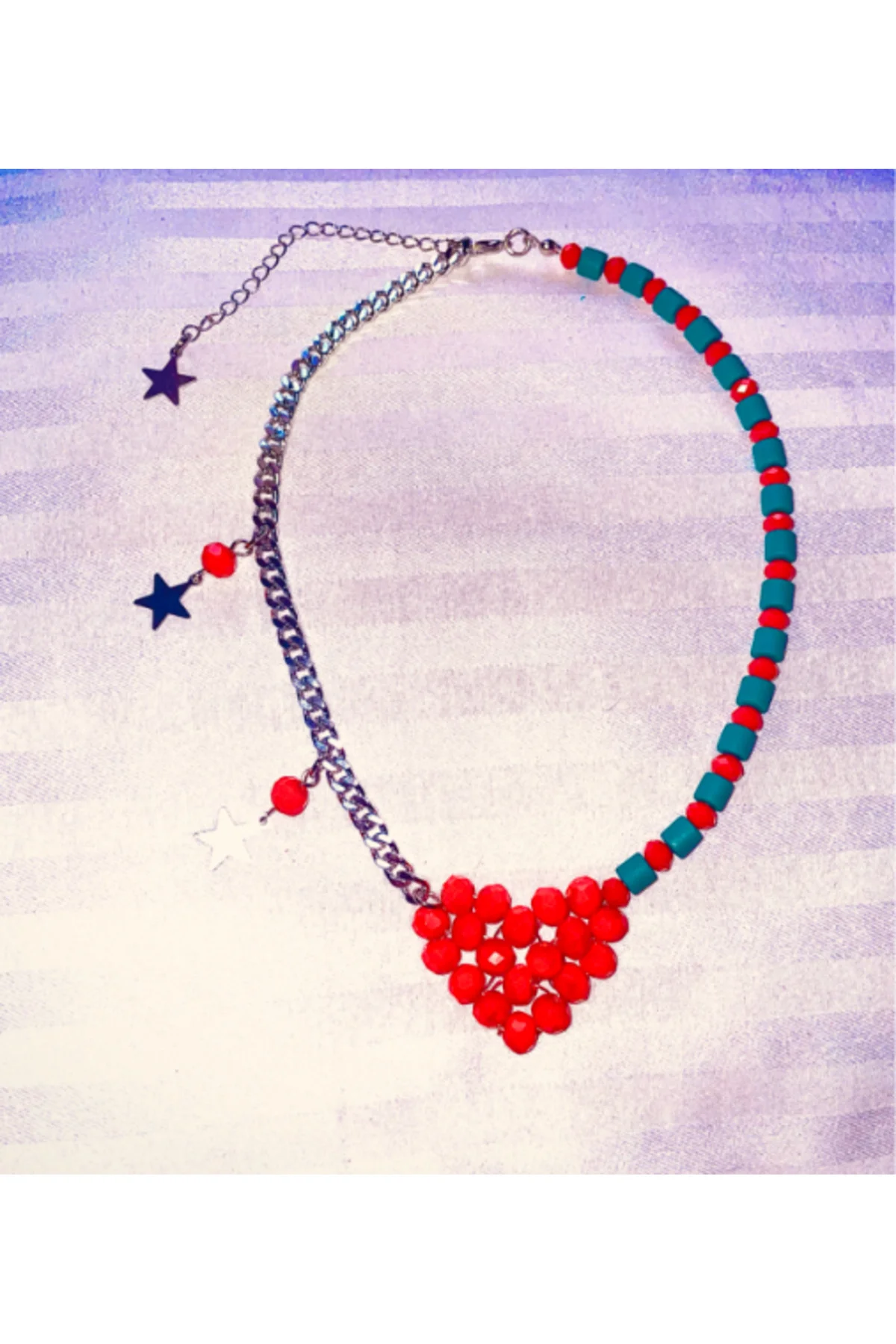 MK Design Jewelry Turquaz ve Mercan Rengi Kalpli Kolye