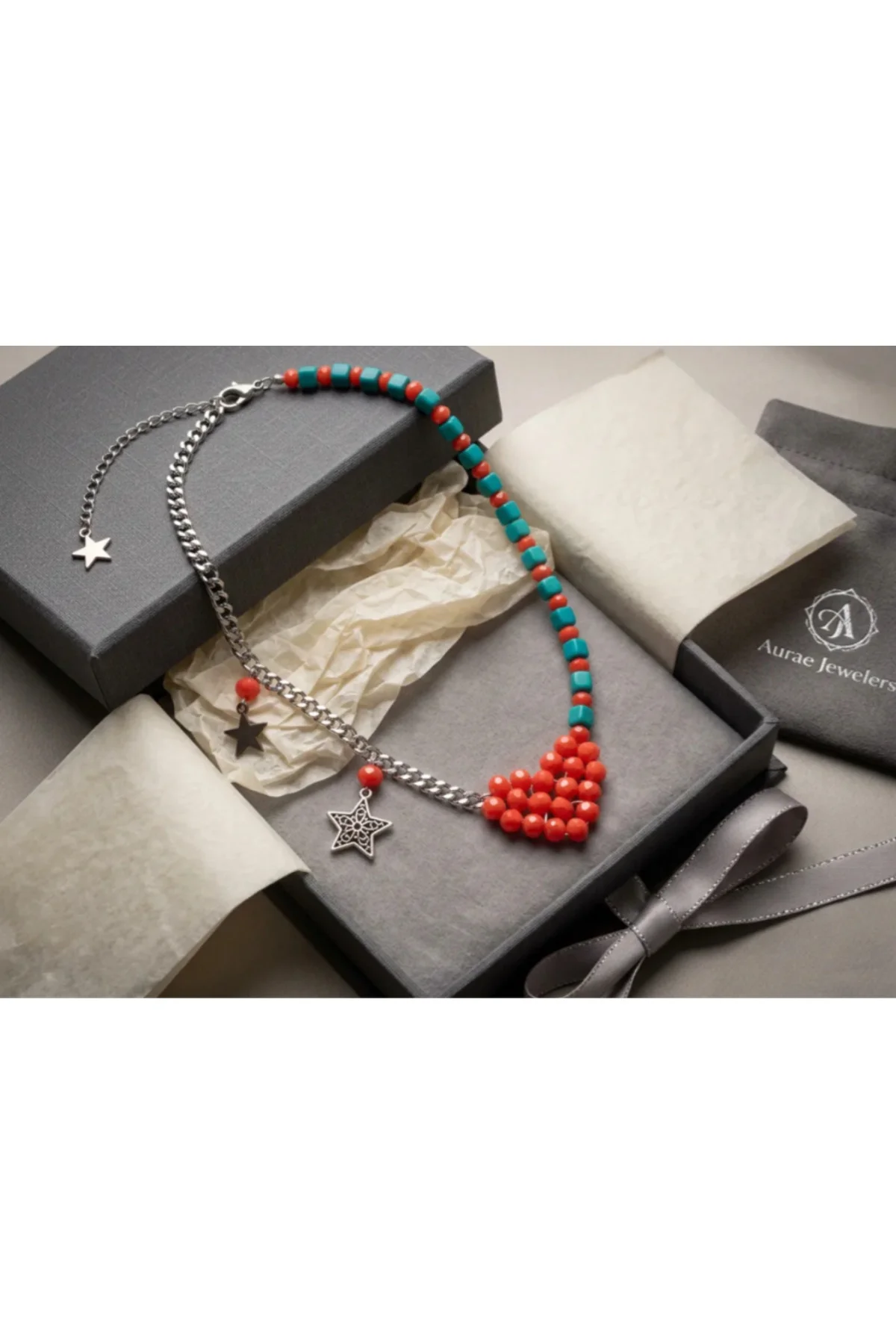 MK Design Jewelry Turquaz ve Mercan Rengi Kalpli Kolye