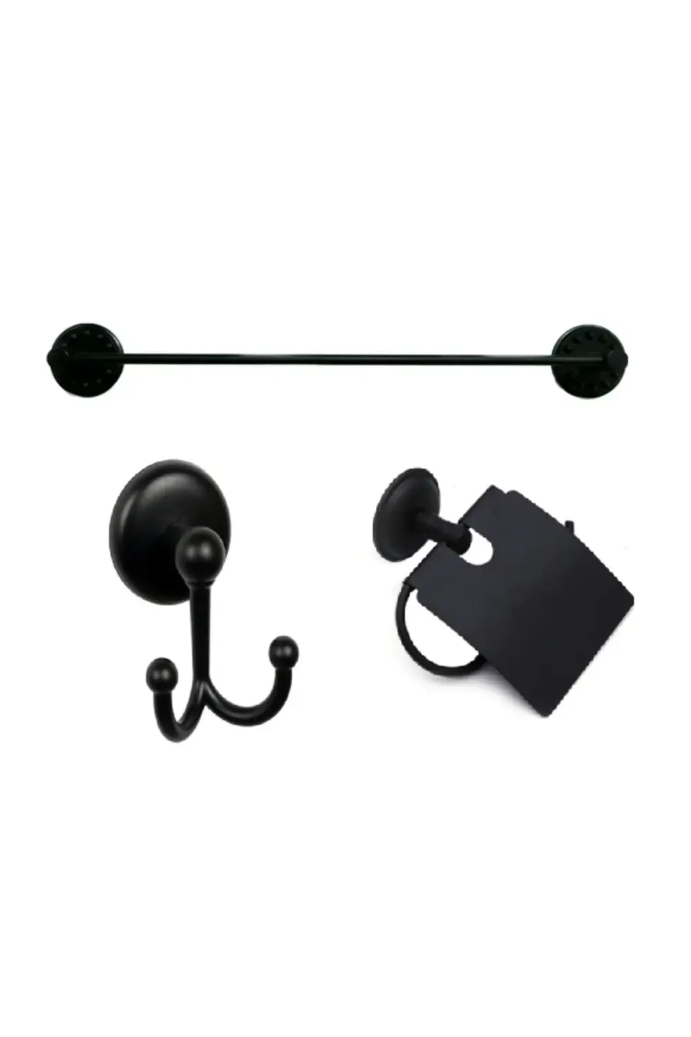 MK Yapışkanlı Siyah Üçlü Banyo Aksesuar Seti - Uzun Havluluk - Ba