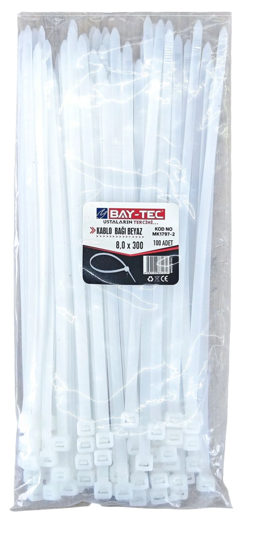 MK1797-2   Bay-Tec Kablo Bağı - Plastik Kelepçe 8*300mm - Beyaz