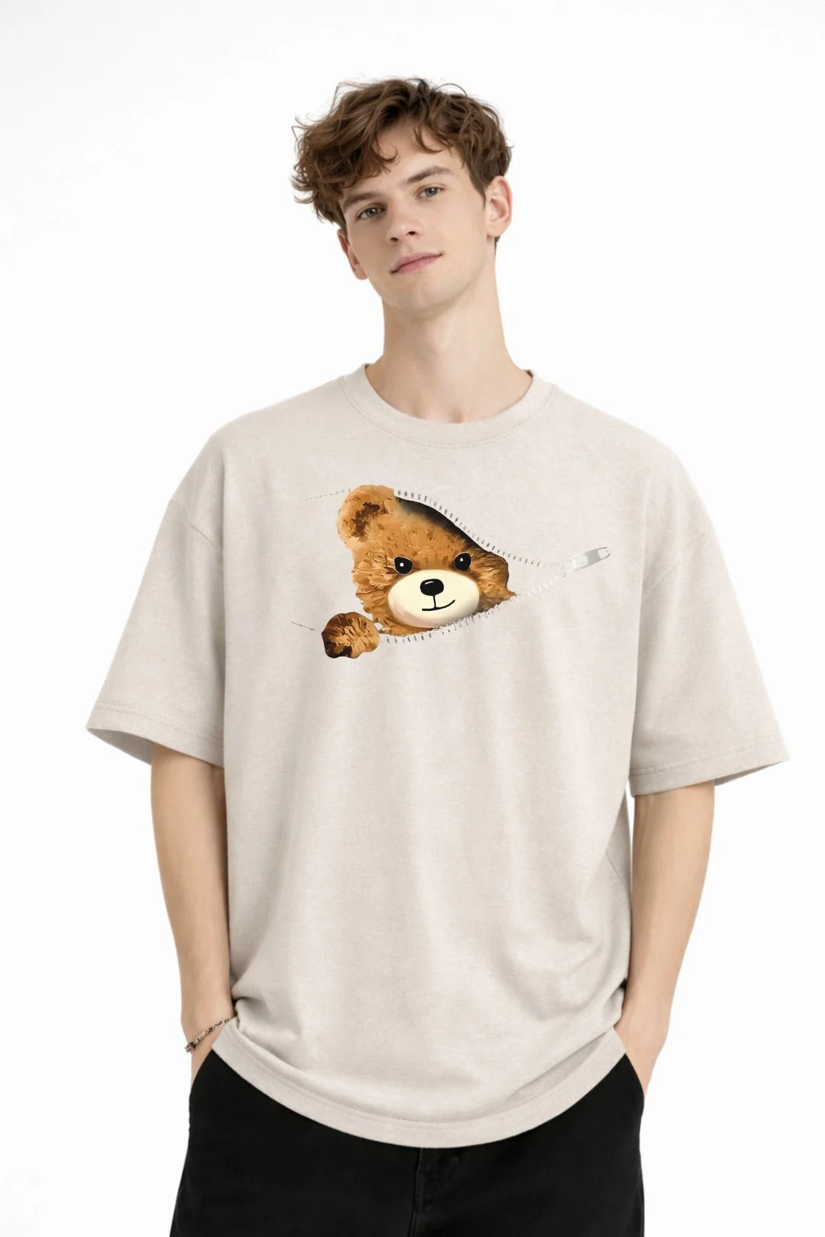 MN - Bear Baskılı Oversize Tişört BEJ