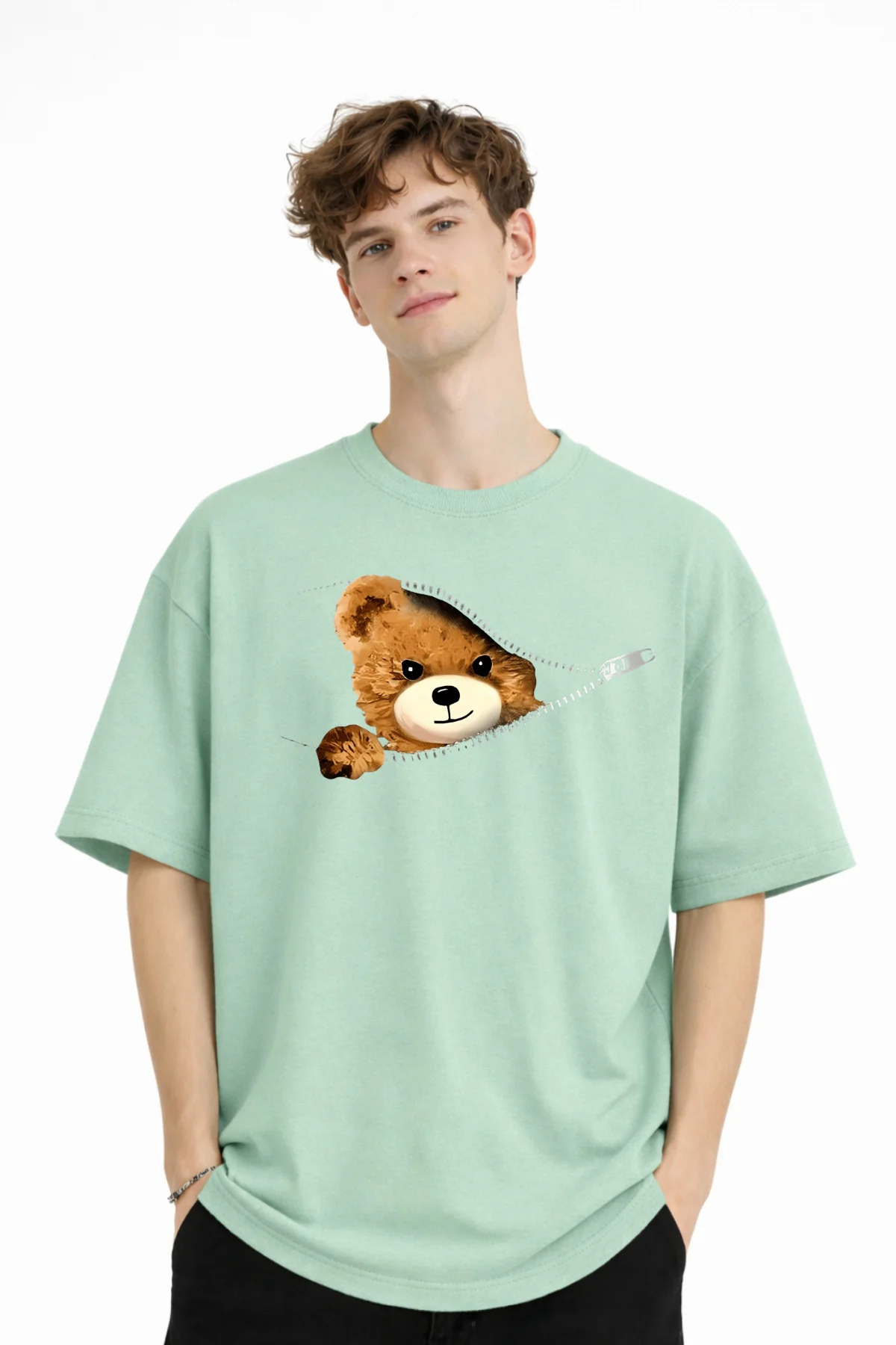 MN - Bear Baskılı Oversize Tişört SU YESILI