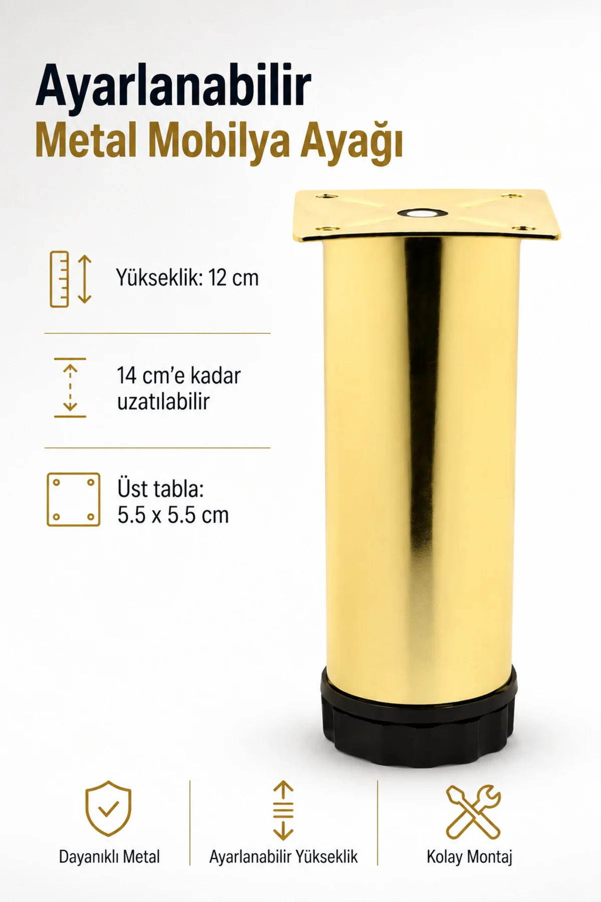 Mobilya Kanepe Sehpa Tv Ünitesi Koltuk Ayağı Ayarlanabilir 12 Cm Gold Altın Metal Baza Ayak 1 ADET FİYATIDIR