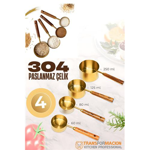 Modacar 4 lü Ölçü Kabı 304 Paslanmaz Çelik Masif Ahşap Saplı Modacar 4 lü Ölçü Kabı 304 Paslanmaz Çelik Masif Ahşap Saplı