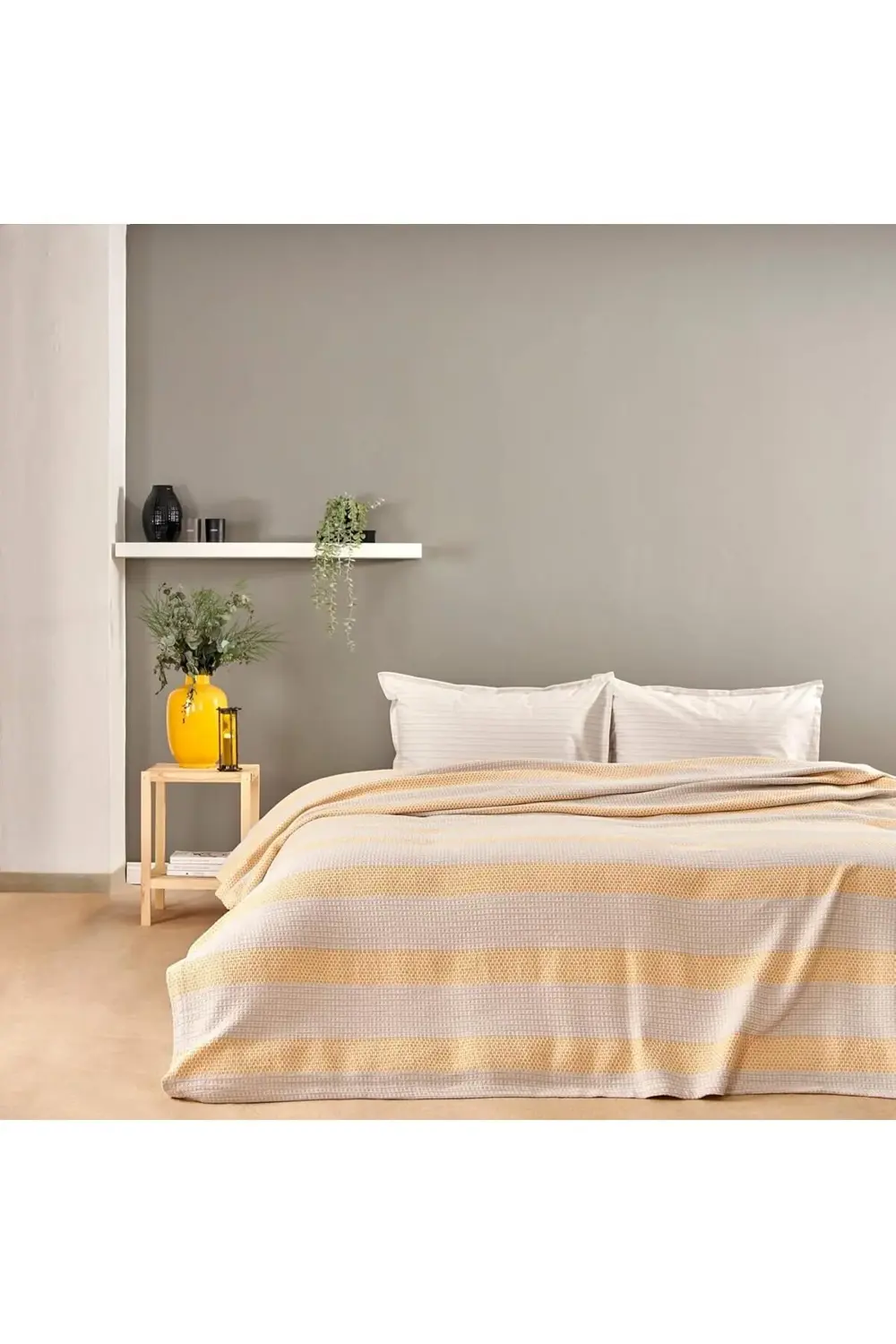 modaflux Çizgili%100 Pamuk Pike Takımı, Sarı, Tek Kişilik polynov