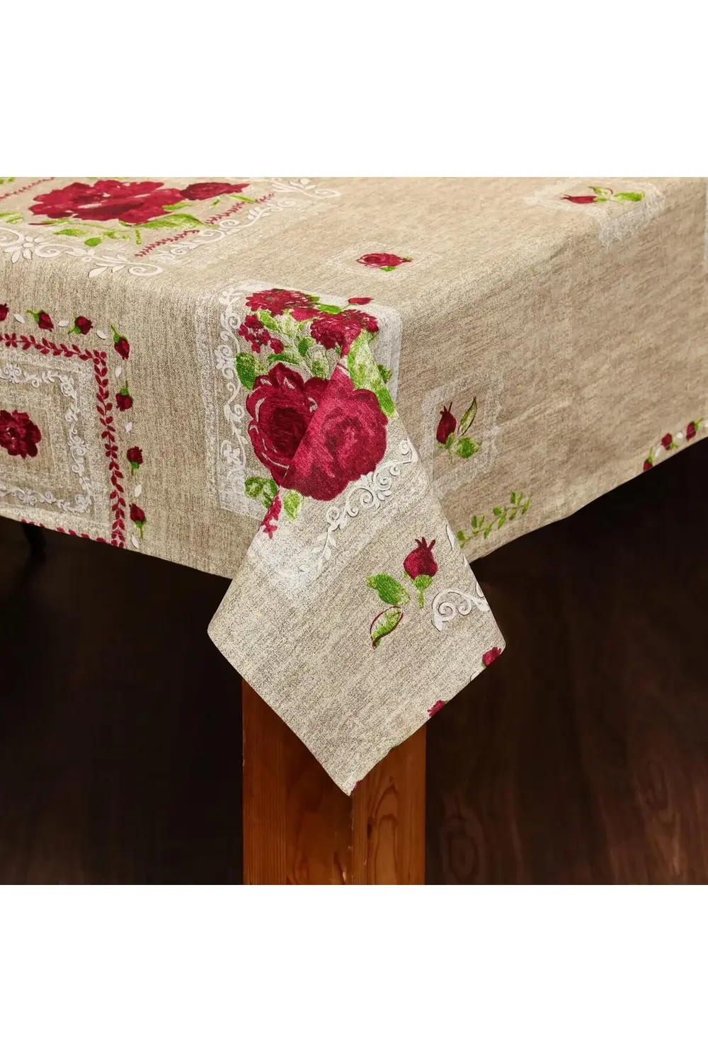 modaflux Gül Desenli Bej Pamuklu Masa Örtüsü polynova 395519