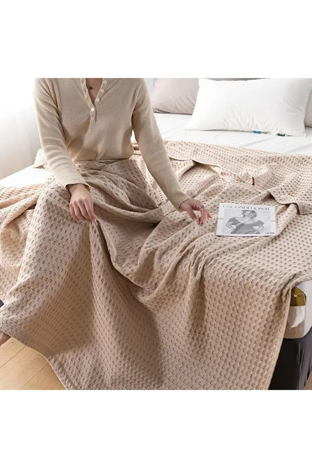 modaflux Havuzlu Pike Pamuklu Çift Kişilik 220x240 cm sütlü kahve