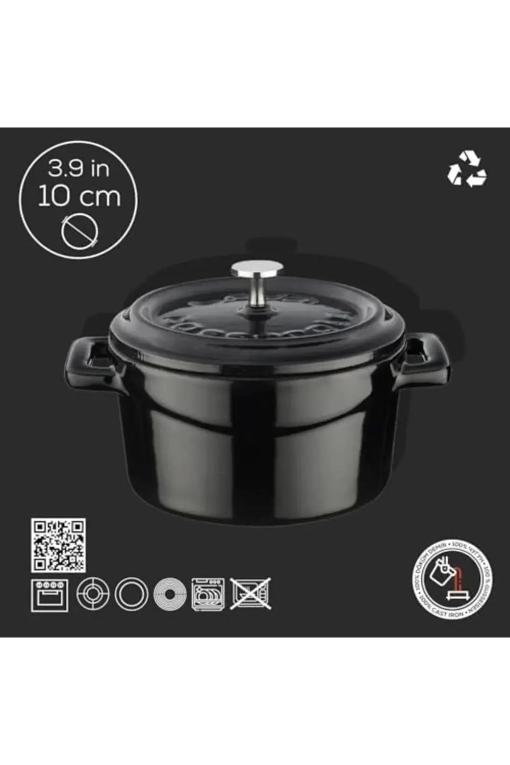 modaflux Metal Döküm Mini Tencere, 10 cm, 0.35 L Hacim, Siyah pol