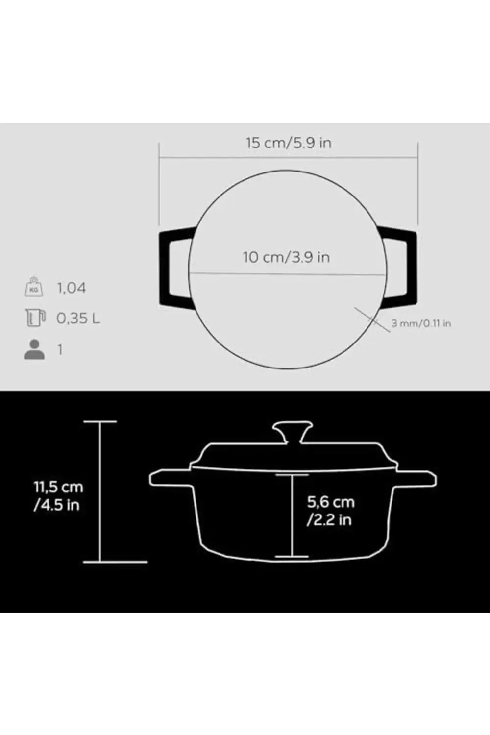 modaflux Metal Döküm Mini Tencere, 10 cm, 0.35 L Hacim, Siyah pol