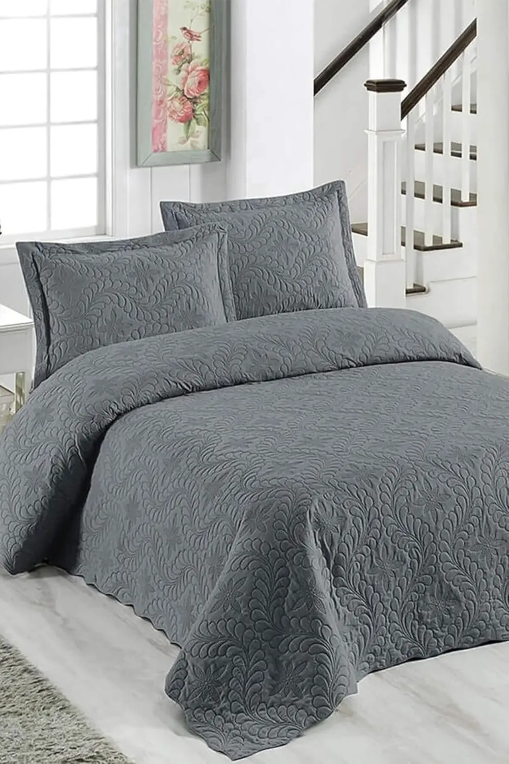 modaflux Sarmaşık Çift Kişilik Düz Renk Yatak Örtüsü - Füme polyn