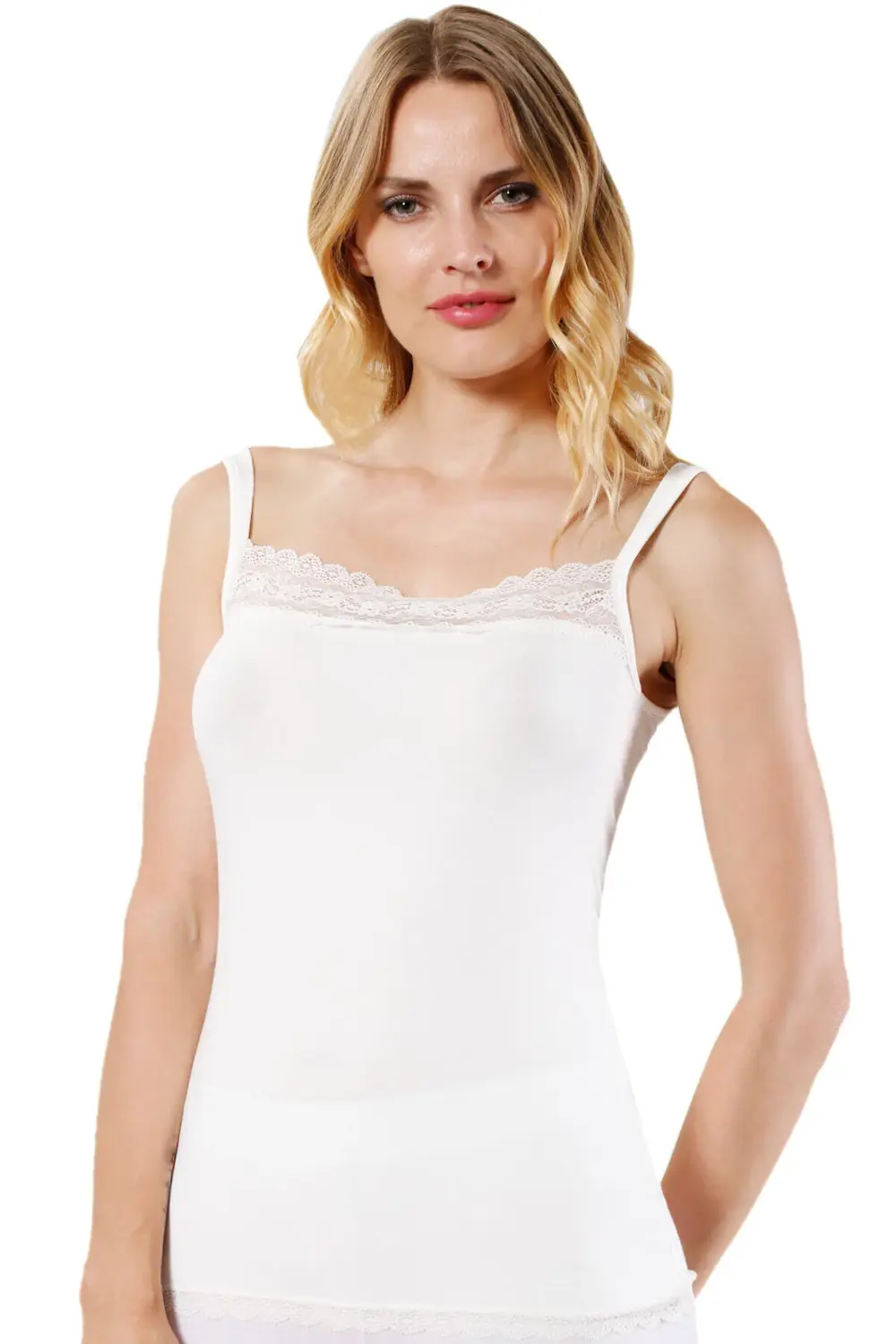 Modal Dantel Yaka Ip Askılı Atlet Ekru | 23422