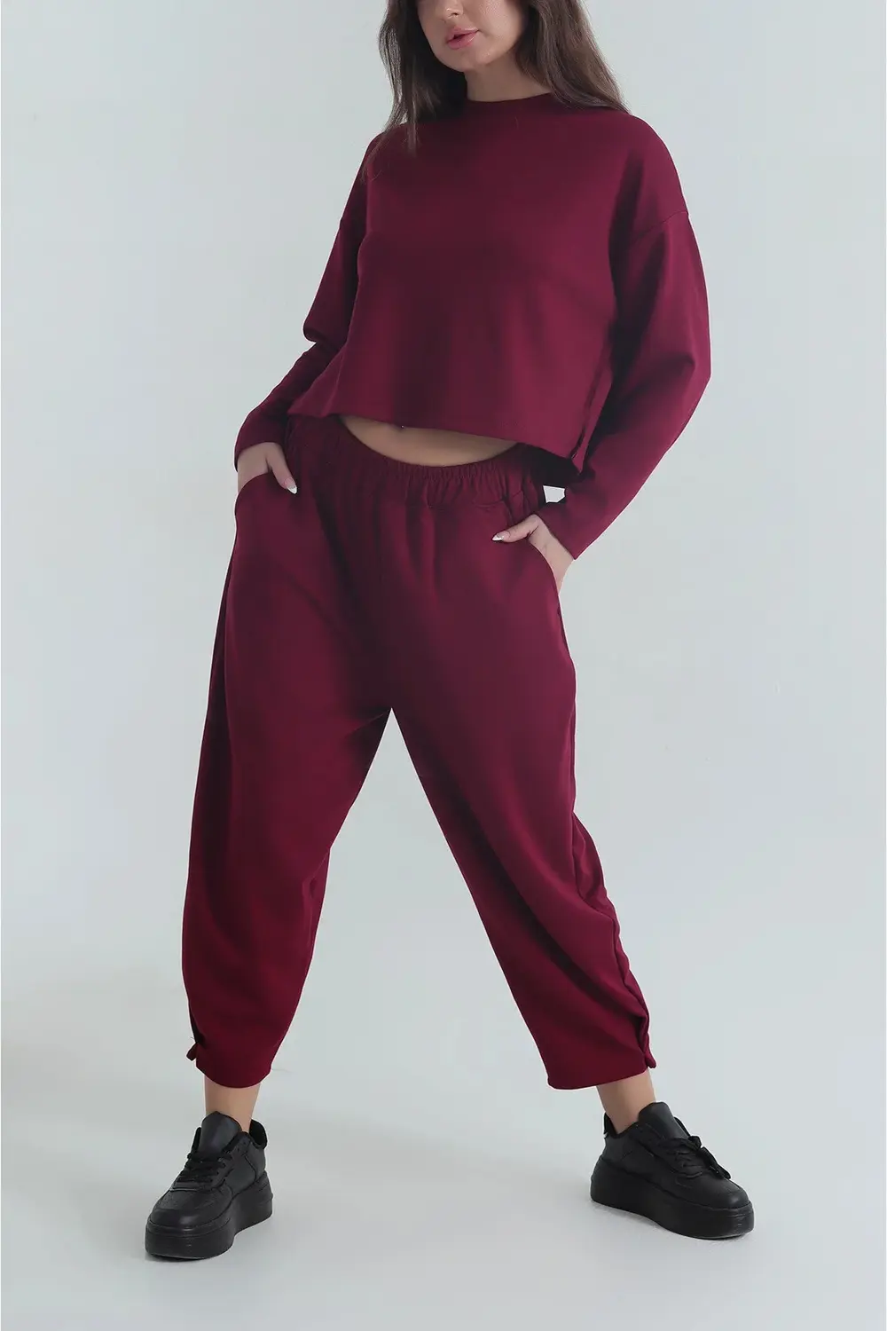 modal dokulu uzun kol şalvar takım