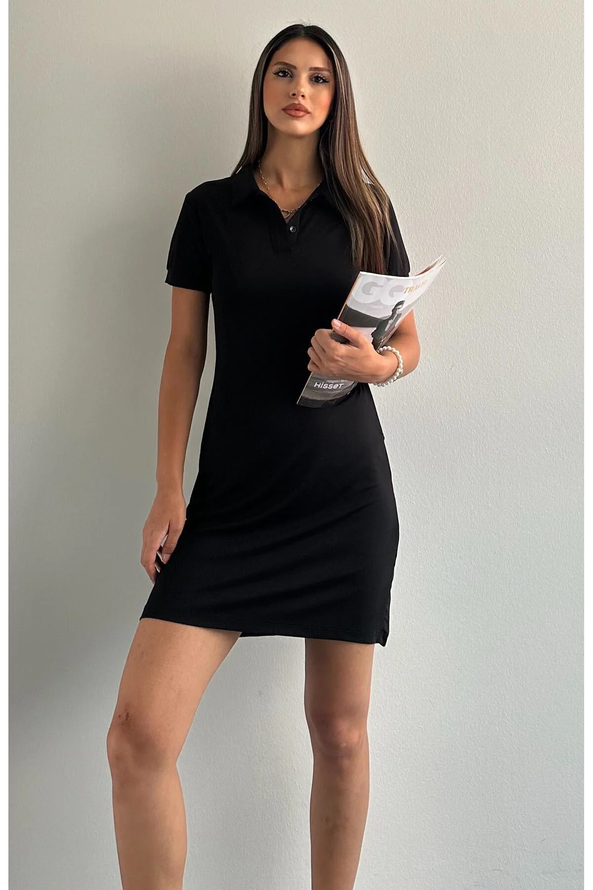 Modal Polo Yaka Elbise SİYAH