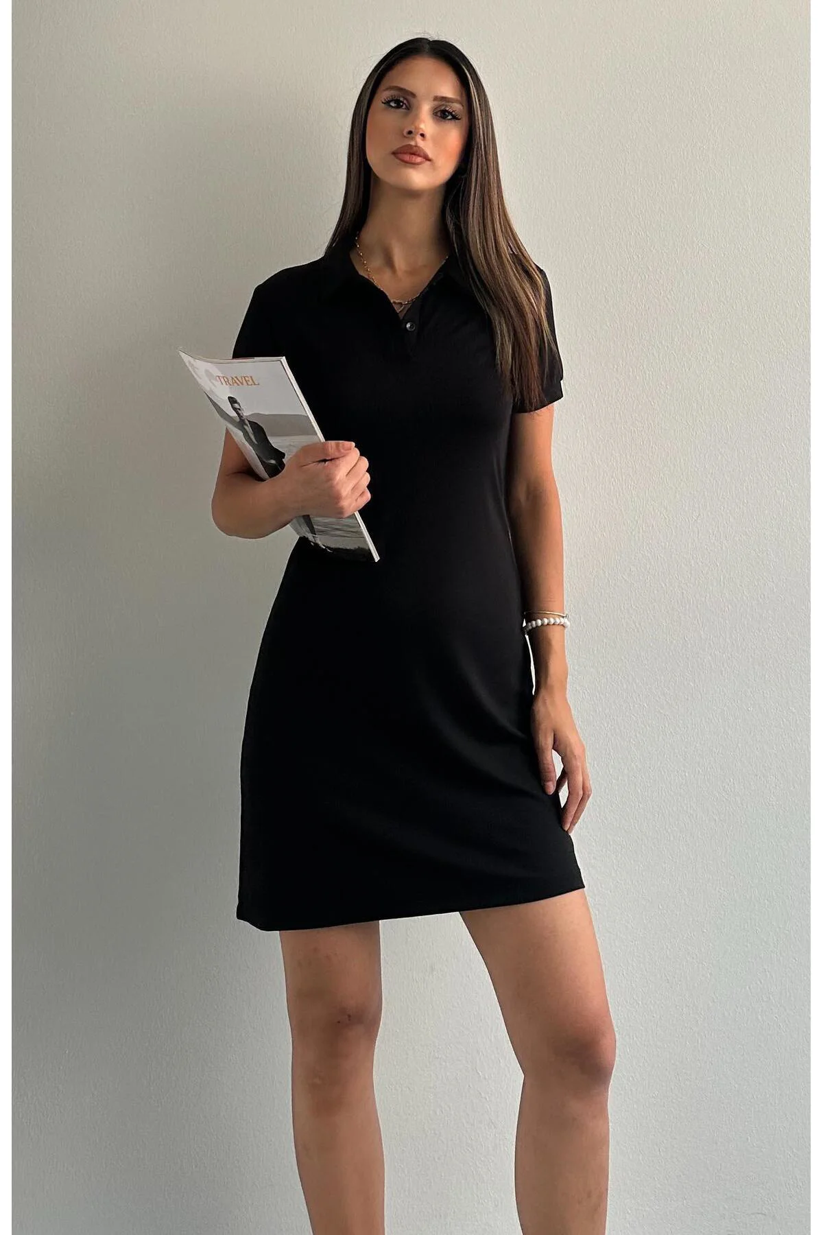 Modal Polo Yaka Elbise SİYAH