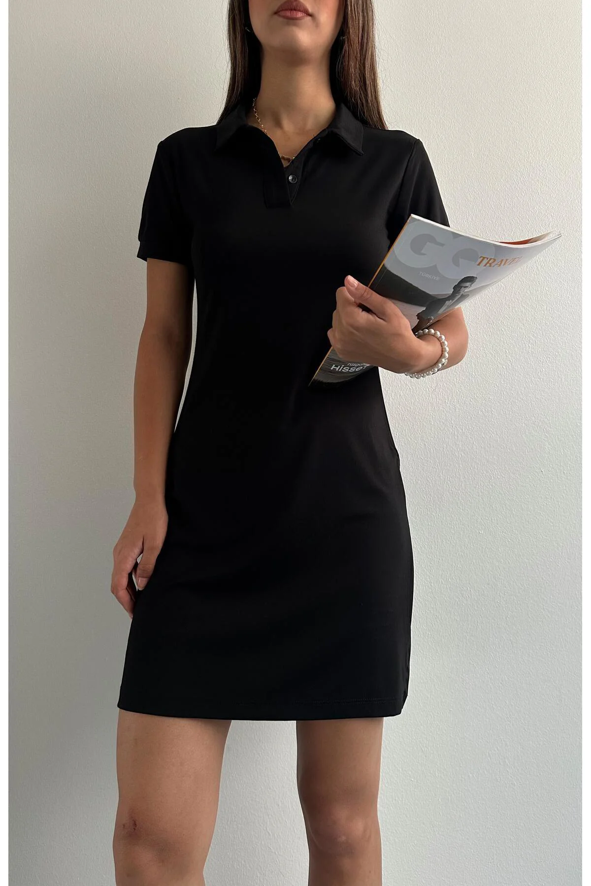 Modal Polo Yaka Elbise SİYAH