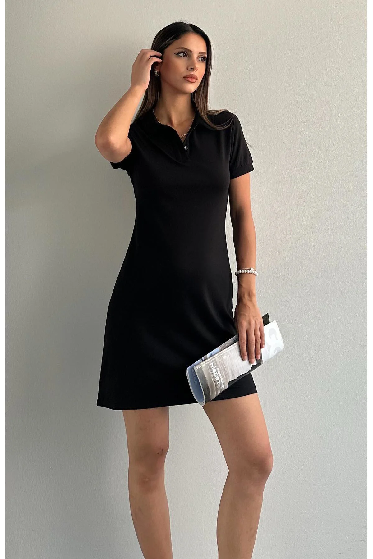 Modal Polo Yaka Elbise SİYAH