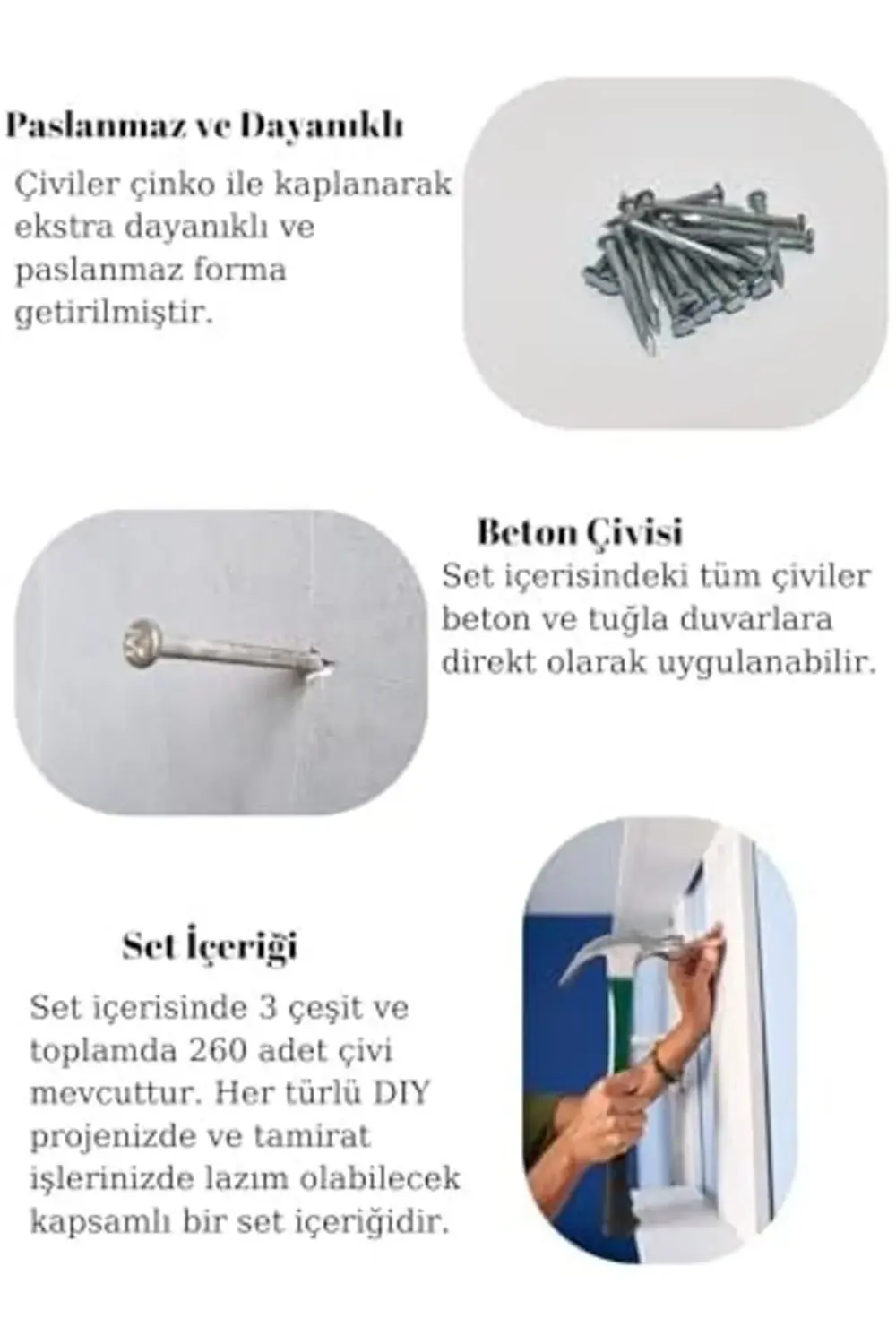 modashine 260 Adet Paslanmaz Çivisi Seti - 3 Çeşit Çelik, Duvar,