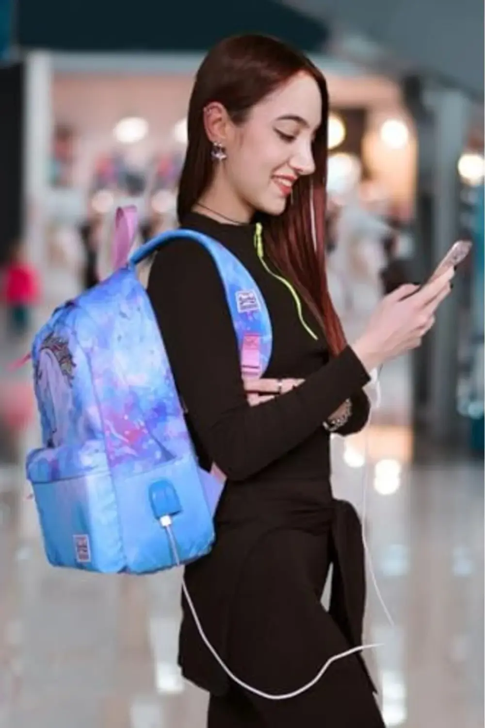 modashine Mavi Yeşil Desenli Sırt Çantası - Okul ve Günlük - USB+