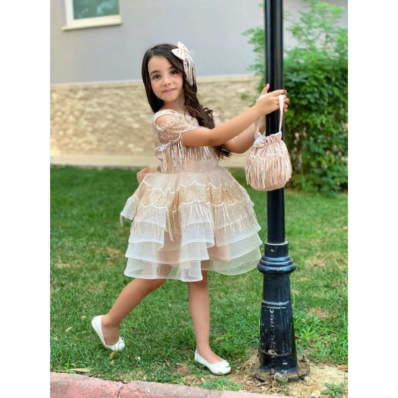 MODAVALS DANTEL VE PUL DETAYLI ÖZEL TASARIM KIZ ÇOCUK ABİYE  ELBİ