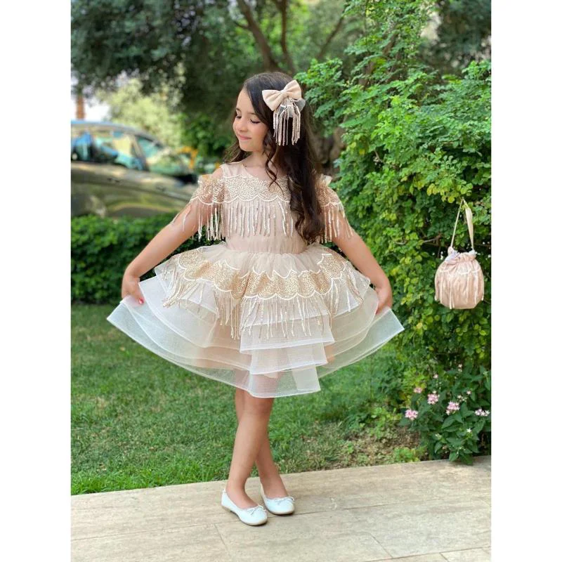 MODAVALS DANTEL VE PUL DETAYLI ÖZEL TASARIM KIZ ÇOCUK ABİYE  ELBİ