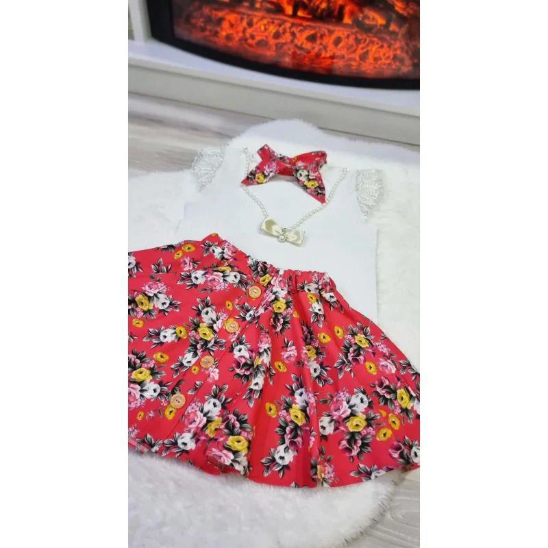 MODAVALS DANTELLİ KOLYELİ ÇİÇEK DESENLİ KIZ ÇOCUK ETEKLİ KOMBİN -