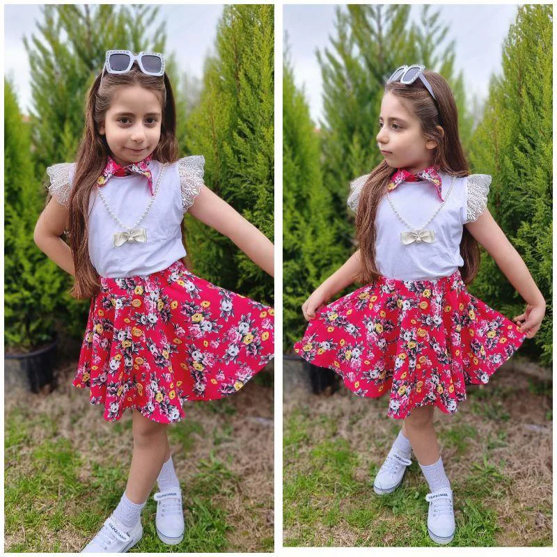 MODAVALS DANTELLİ KOLYELİ ÇİÇEK DESENLİ KIZ ÇOCUK ETEKLİ KOMBİN -