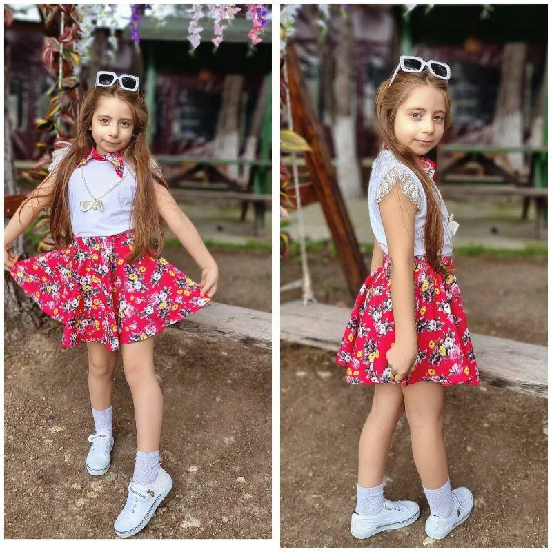 MODAVALS DANTELLİ KOLYELİ ÇİÇEK DESENLİ KIZ ÇOCUK ETEKLİ KOMBİN -