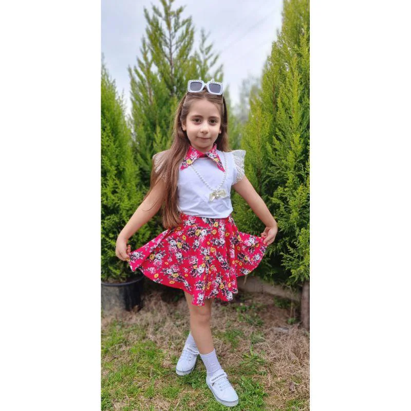 MODAVALS DANTELLİ KOLYELİ ÇİÇEK DESENLİ KIZ ÇOCUK ETEKLİ KOMBİN -