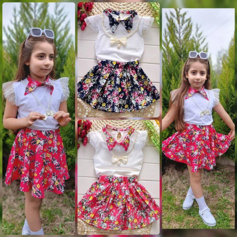 MODAVALS DANTELLİ KOLYELİ ÇİÇEK DESENLİ KIZ ÇOCUK ETEKLİ KOMBİN -