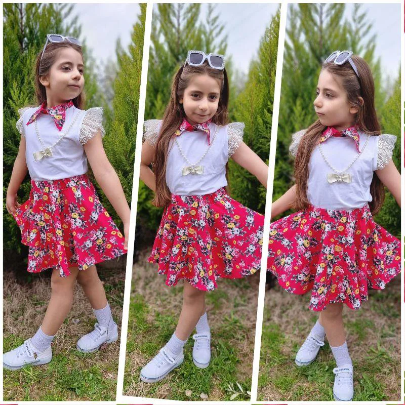 MODAVALS DANTELLİ KOLYELİ ÇİÇEK DESENLİ KIZ ÇOCUK ETEKLİ KOMBİN -