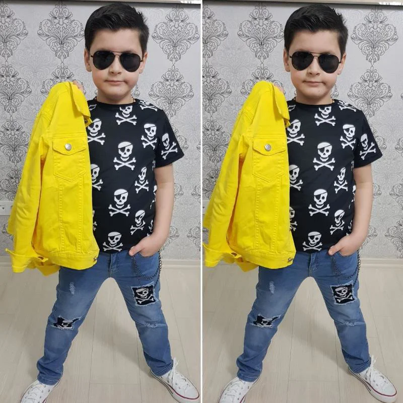 MODAVALS GABARDİN CEKETLİ KURU KAFA TASARIMLI ERKEK ÇOCUK KOT KOM