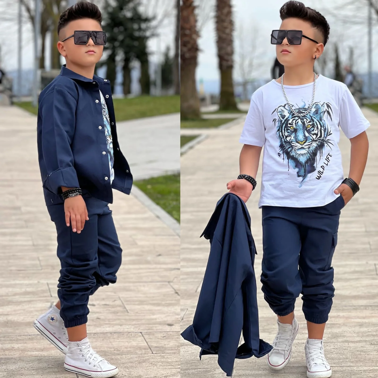 MODAVALS GABARDİN GÖMLEK KARGO CEP PANTOLON ve KAPLAN BASKILI TSH