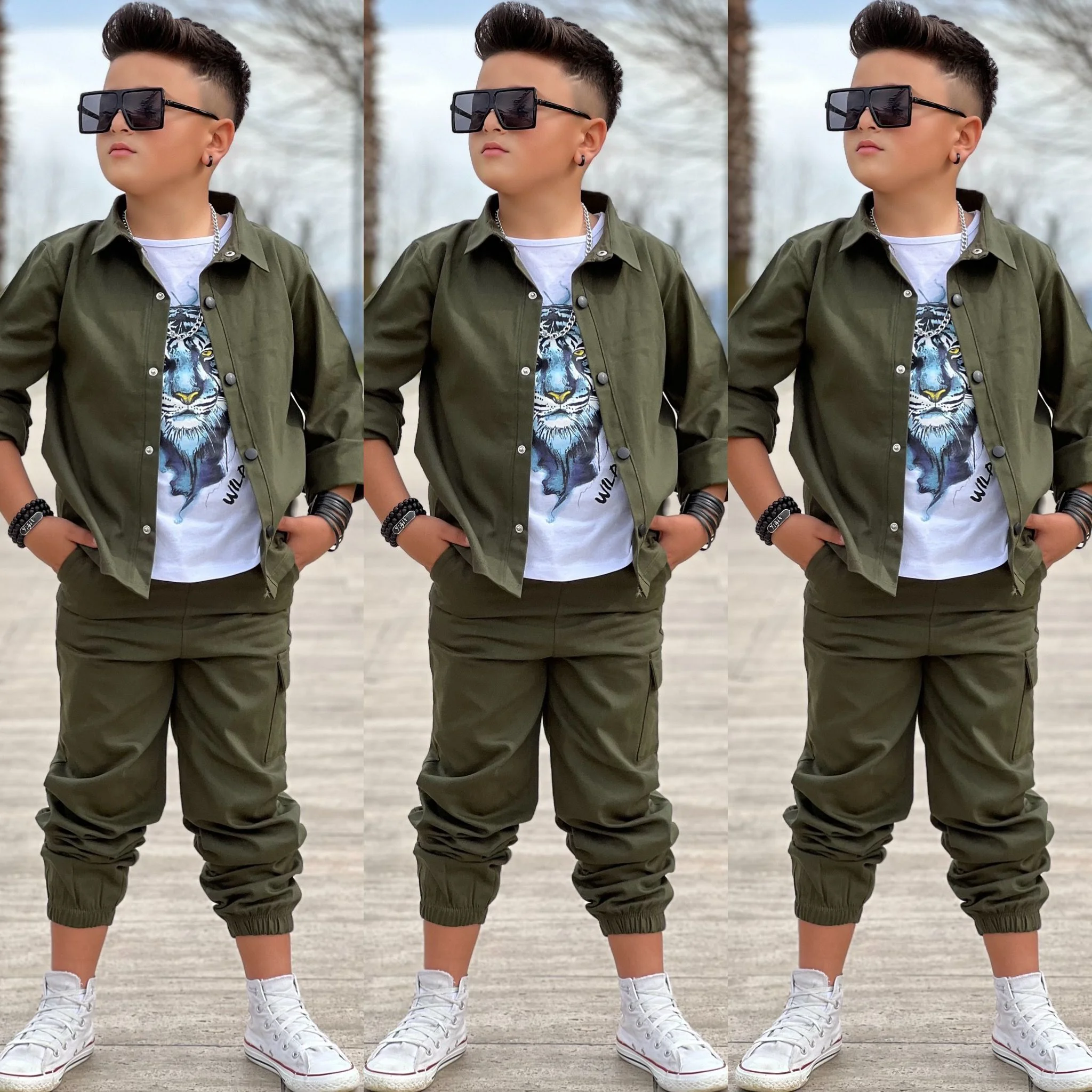 MODAVALS GABARDİN GÖMLEK KARGO CEP PANTOLON ve KAPLAN BASKILI TSH