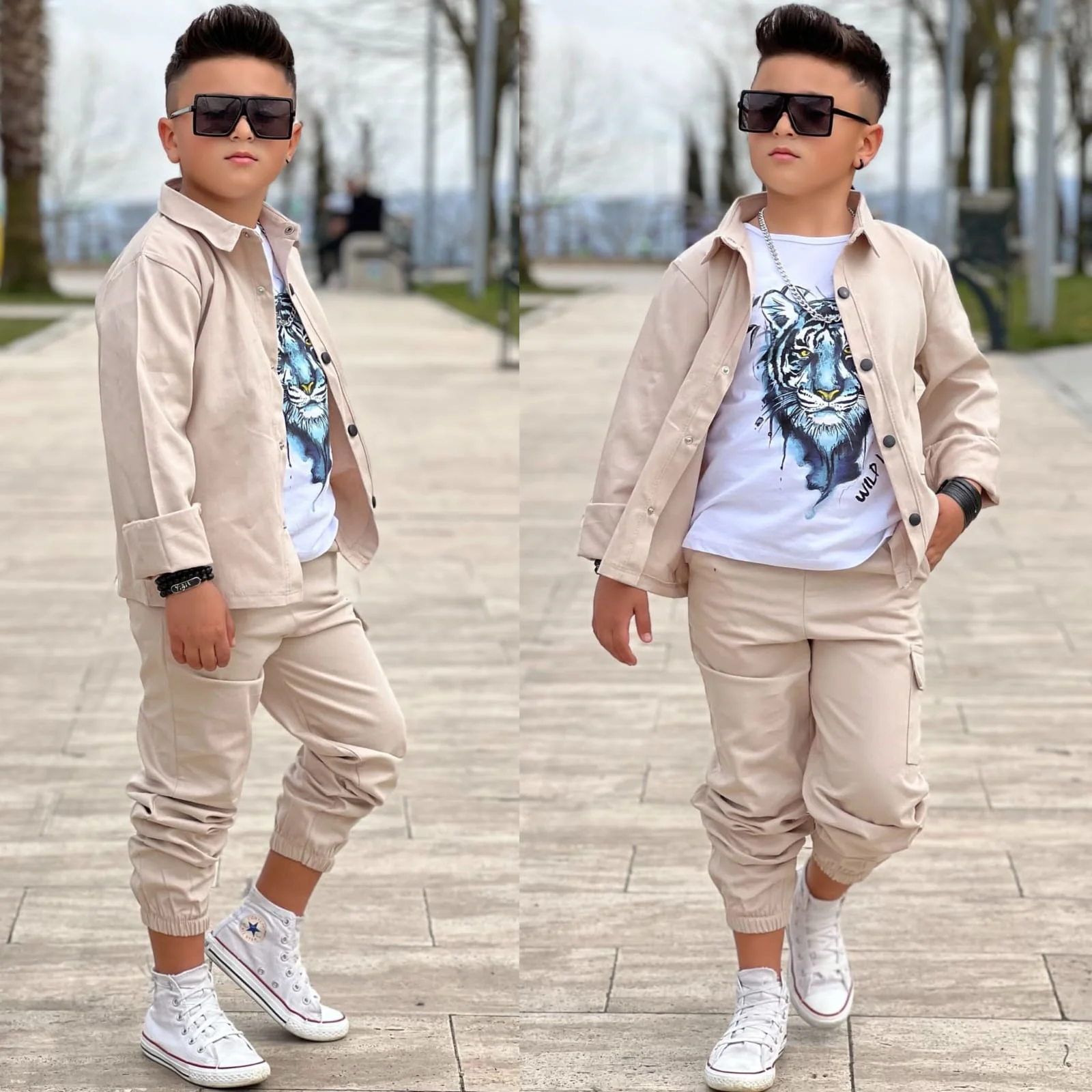 MODAVALS GABARDİN GÖMLEK KARGO CEP PANTOLON ve KAPLAN BASKILI TSH