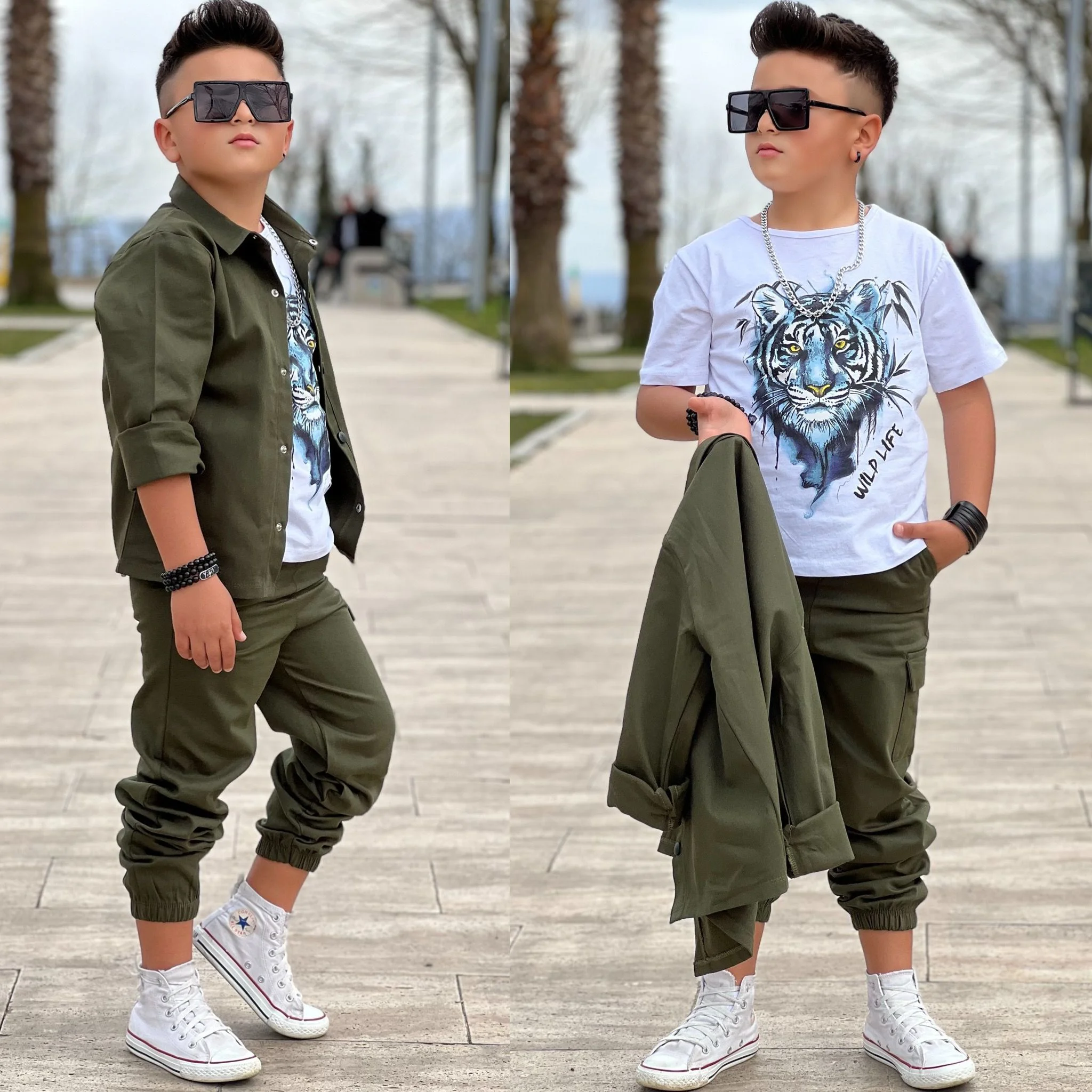 MODAVALS GABARDİN GÖMLEK KARGO CEP PANTOLON ve KAPLAN BASKILI TSH