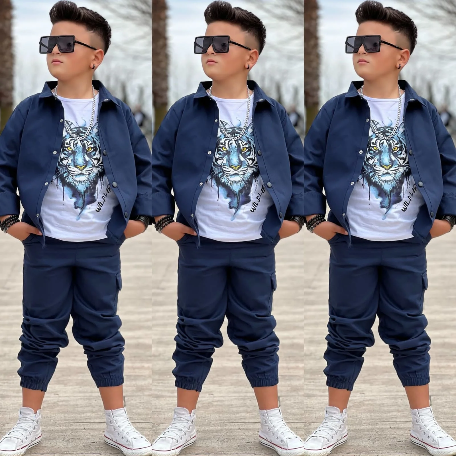 MODAVALS GABARDİN GÖMLEK KARGO CEP PANTOLON ve KAPLAN BASKILI TSH