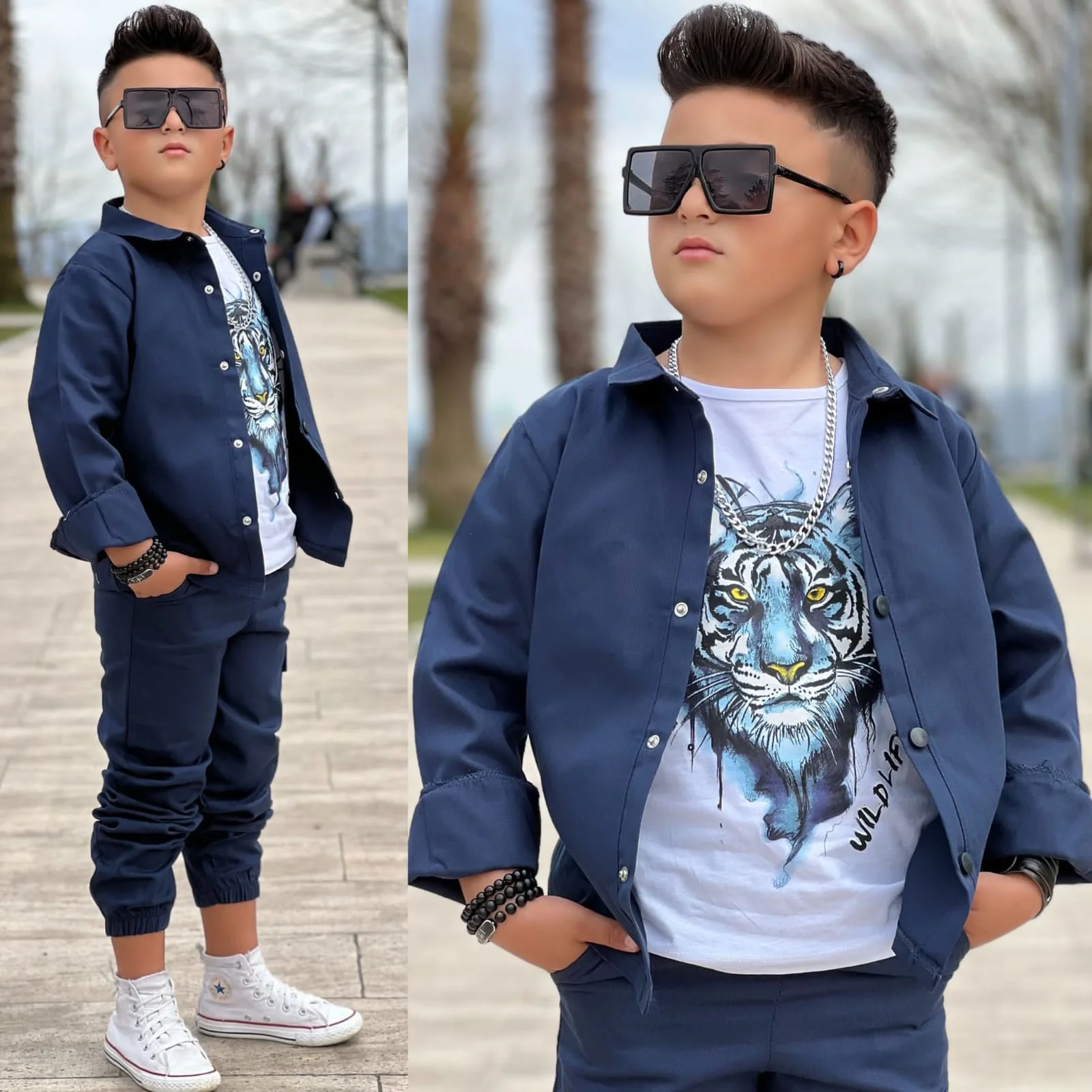 MODAVALS GABARDİN GÖMLEK KARGO CEP PANTOLON ve KAPLAN BASKILI TSH